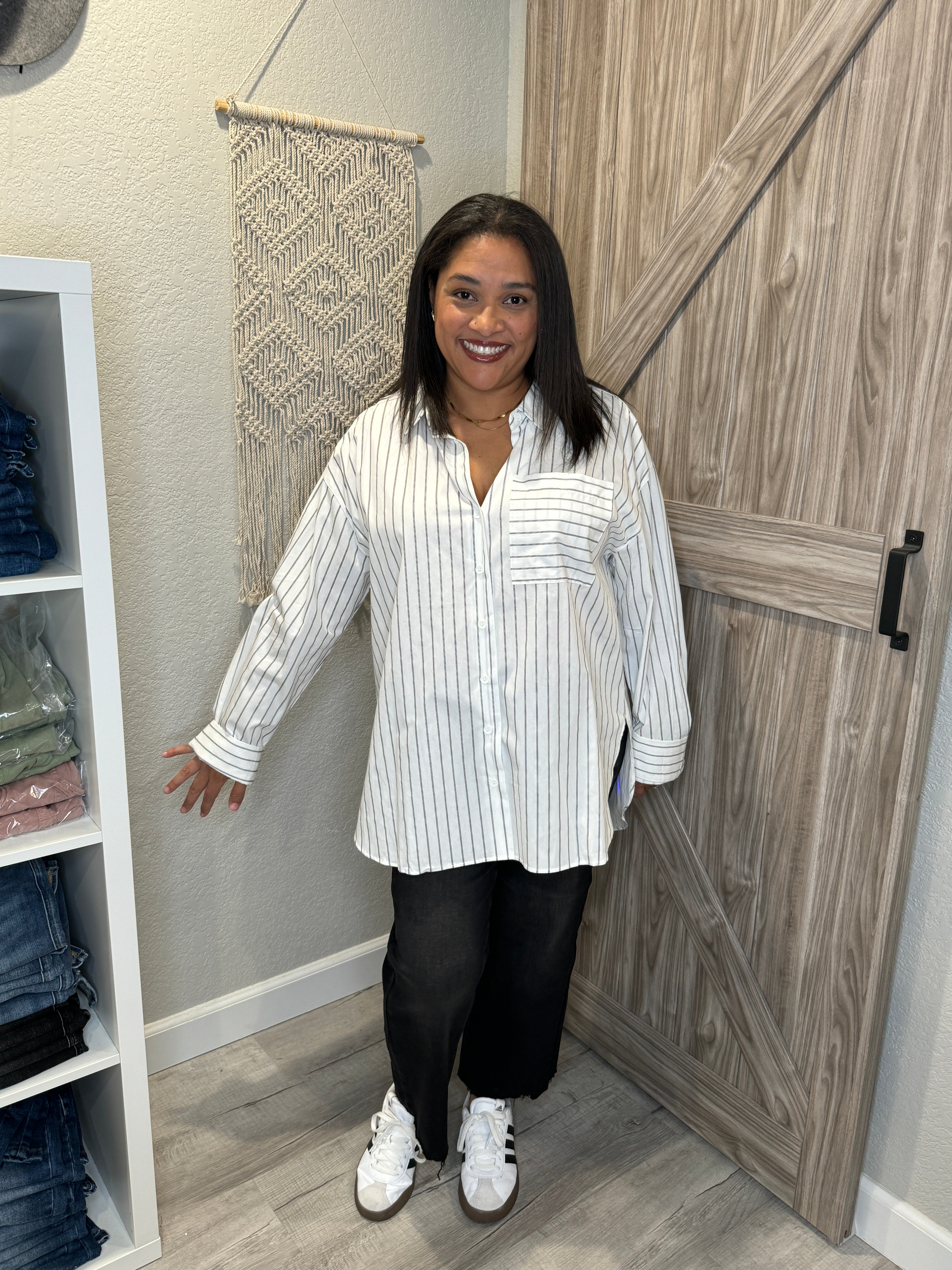 Boyfriend White & Black Striped Cotton Button Up Collared Shirt