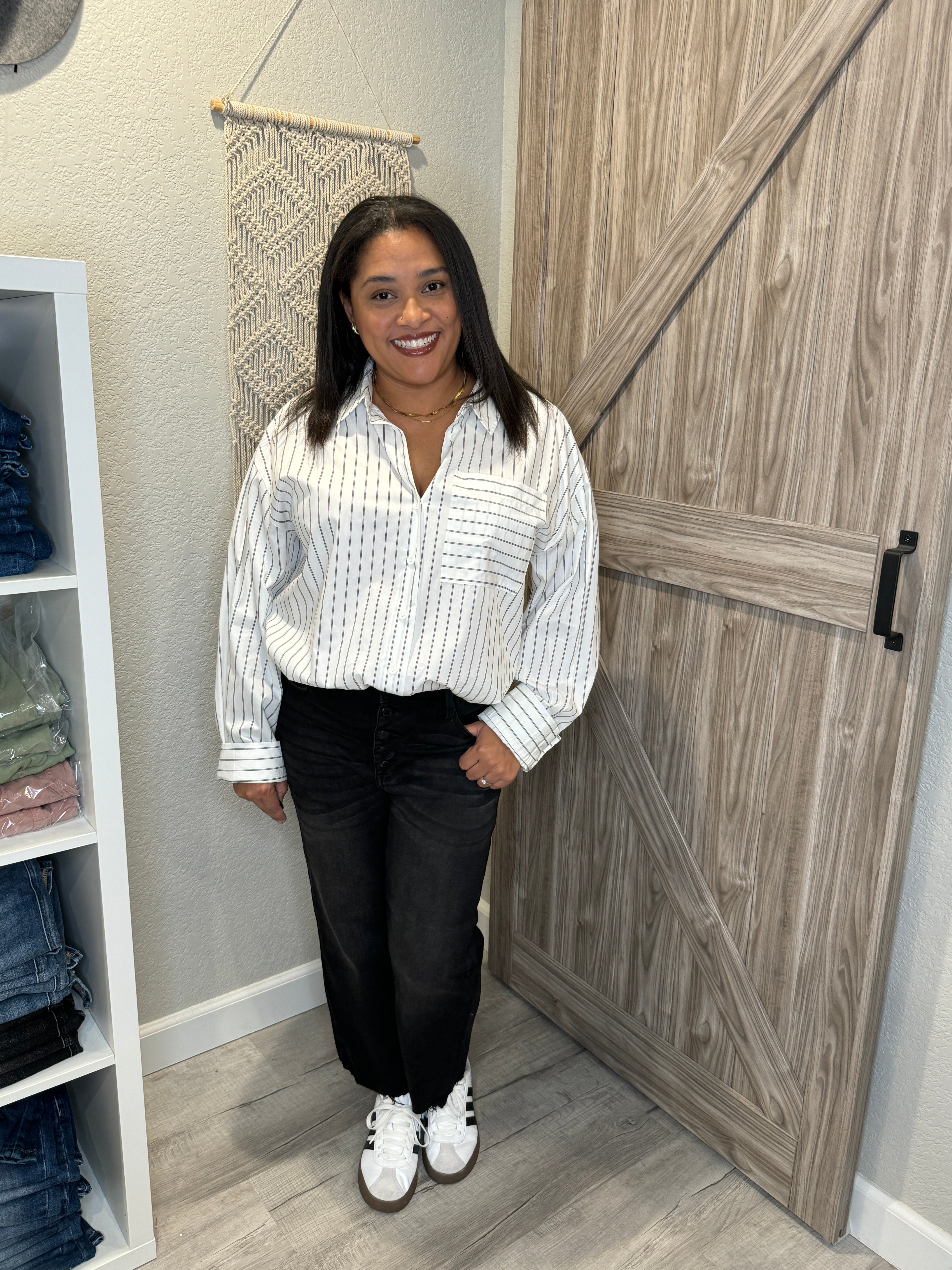 Boyfriend White & Black Striped Cotton Button Up Collared Shirt