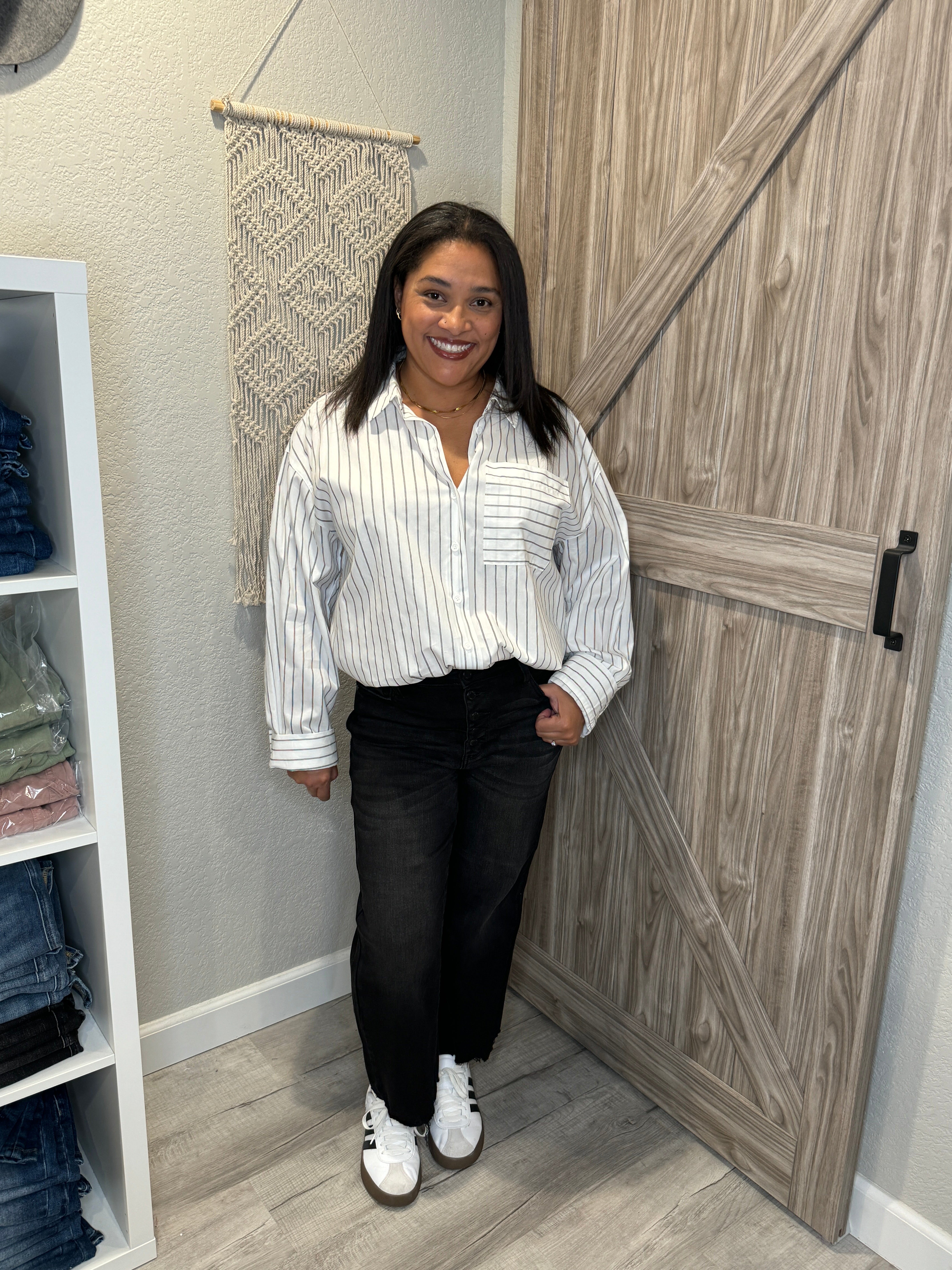 Boyfriend White & Black Striped Cotton Button Up Collared Shirt