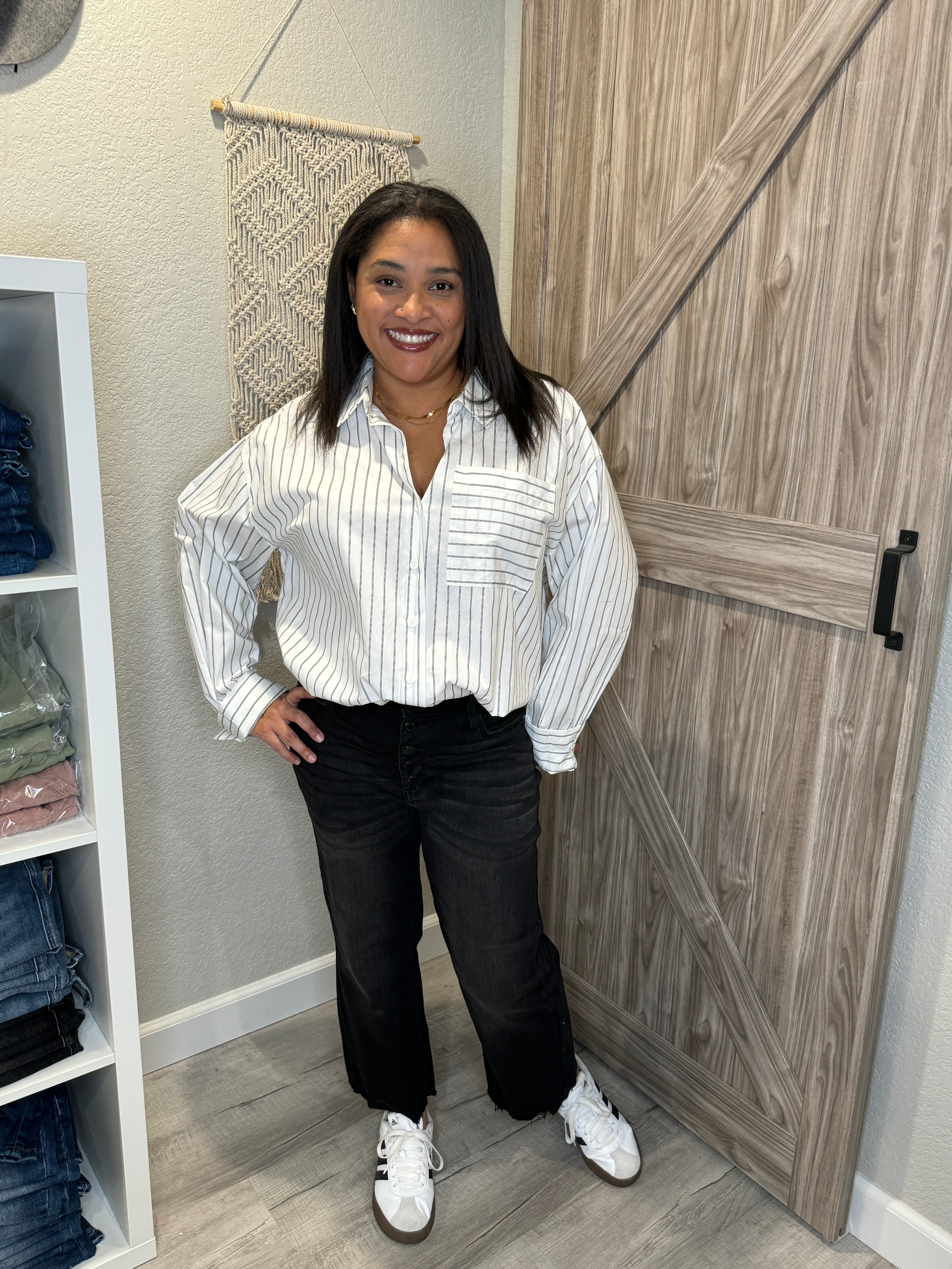 Boyfriend White & Black Striped Cotton Button Up Collared Shirt