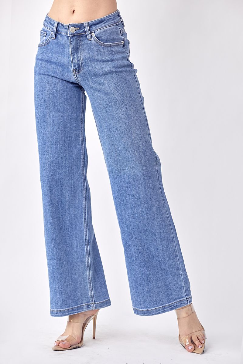 Risen Jeans Mid Rise Clean Lines Wide Leg Denim