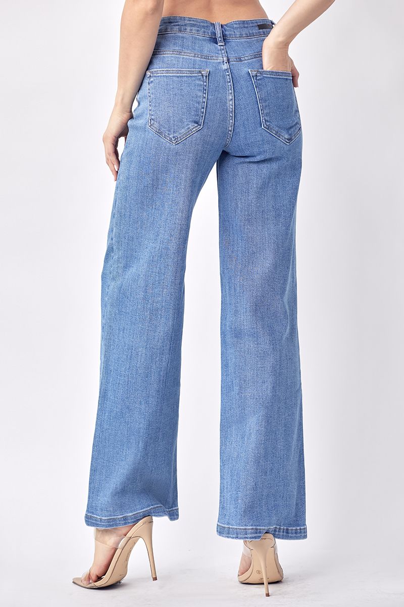 Risen Jeans Mid Rise Clean Lines Wide Leg Denim