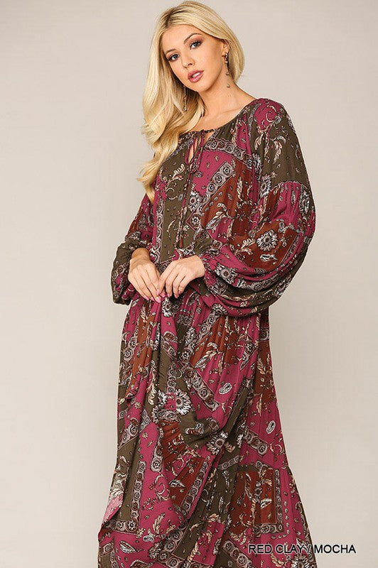 Size Small Mixed Print Floral & Paisley Tiered Fall Maxi Dress