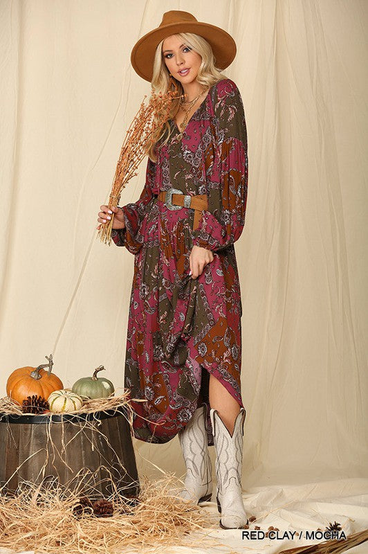 Size Small Mixed Print Floral & Paisley Tiered Fall Maxi Dress