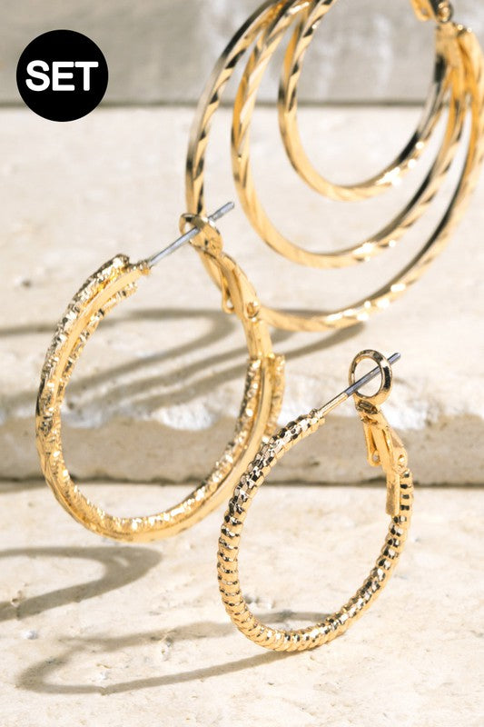 Set of 3 Pairs Gold Colored Textured Hoop Earrings