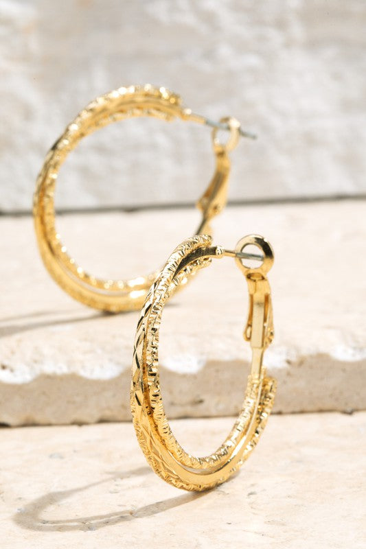 Set of 3 Pairs Gold Colored Textured Hoop Earrings