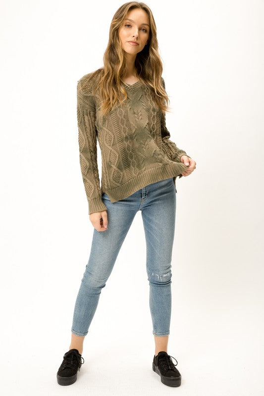 Olive Green Tie Dye V Neck Cable Knit Cotton Sweater