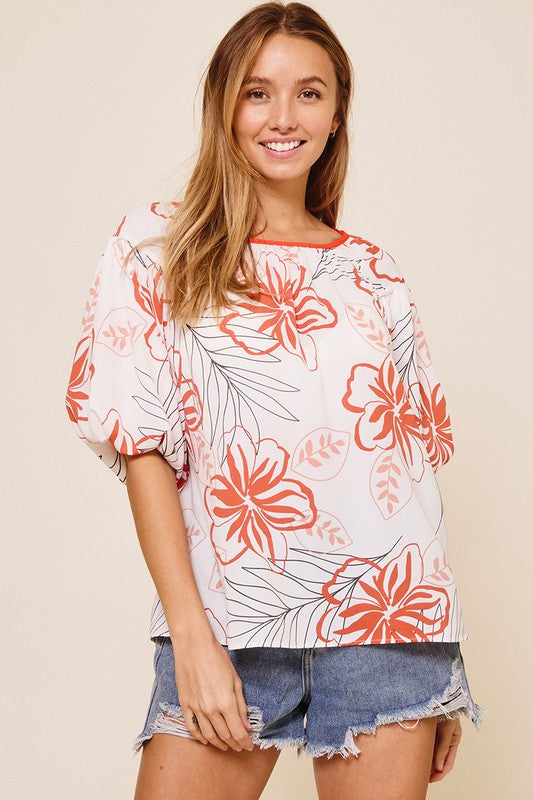 Summer Tropical Floral Bubble Sleeve Top