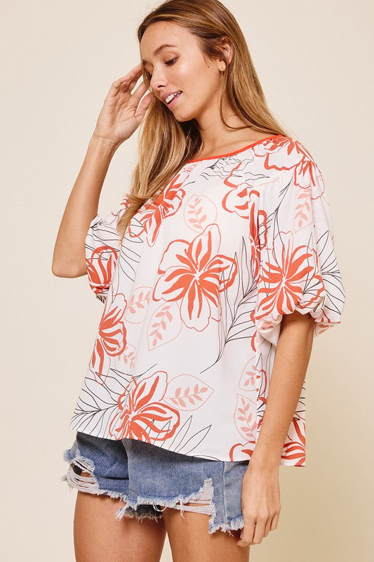 Summer Tropical Floral Bubble Sleeve Top