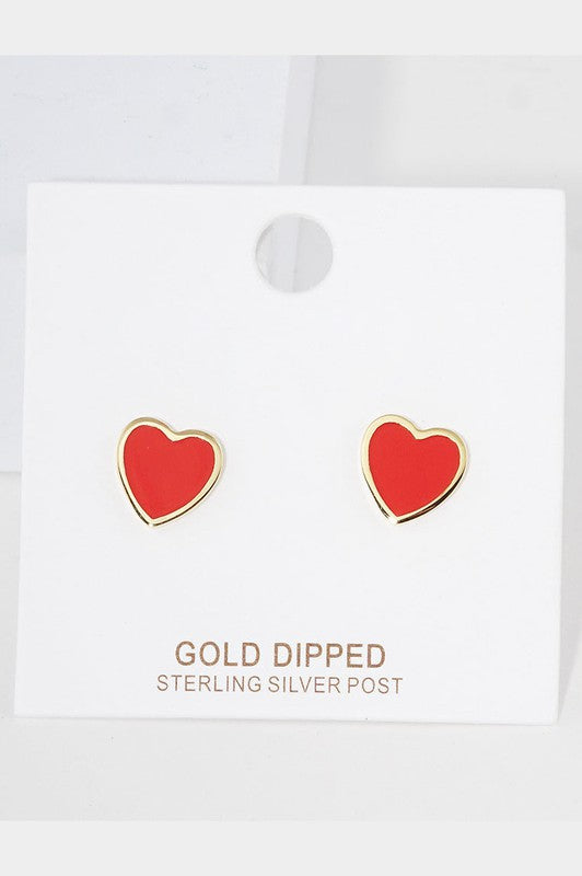 Red Gold Dipped Enamel Heart Stud Earrings