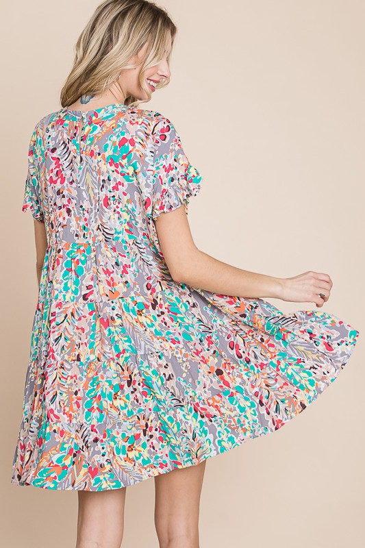 Grey with Multicolor Floral Print Babydoll Ruffle Sleeve Dress