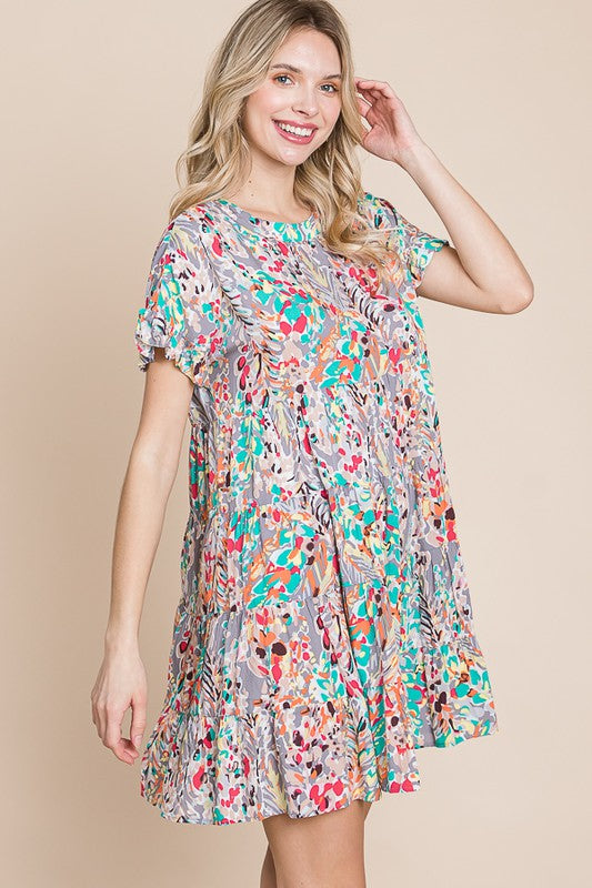 Grey with Multicolor Floral Print Babydoll Ruffle Sleeve Dress
