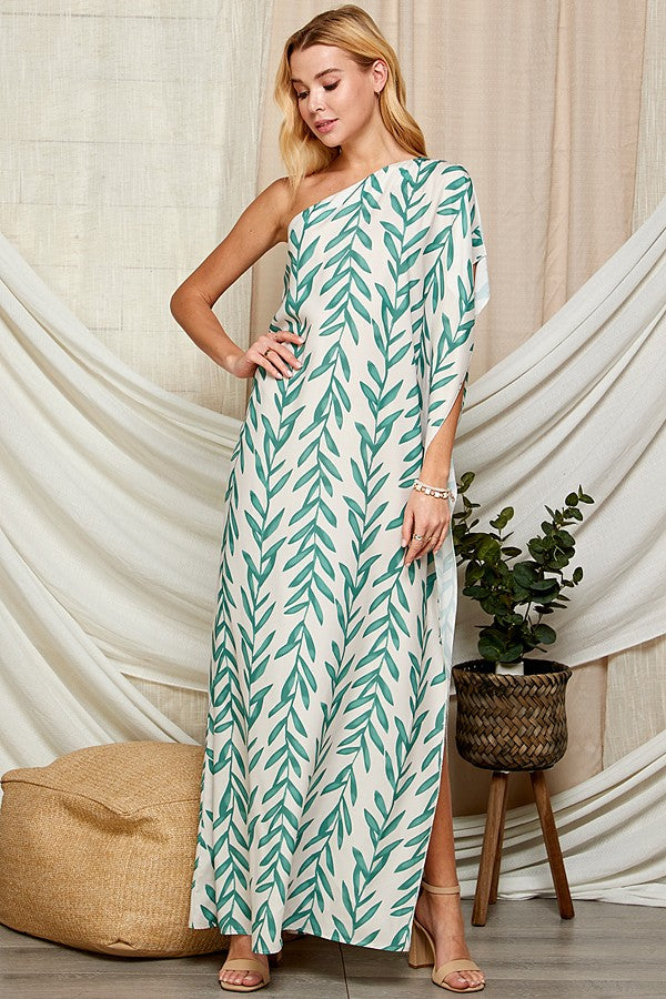 Summer Breeze Leaf Print One Shoulder Maxi Dress