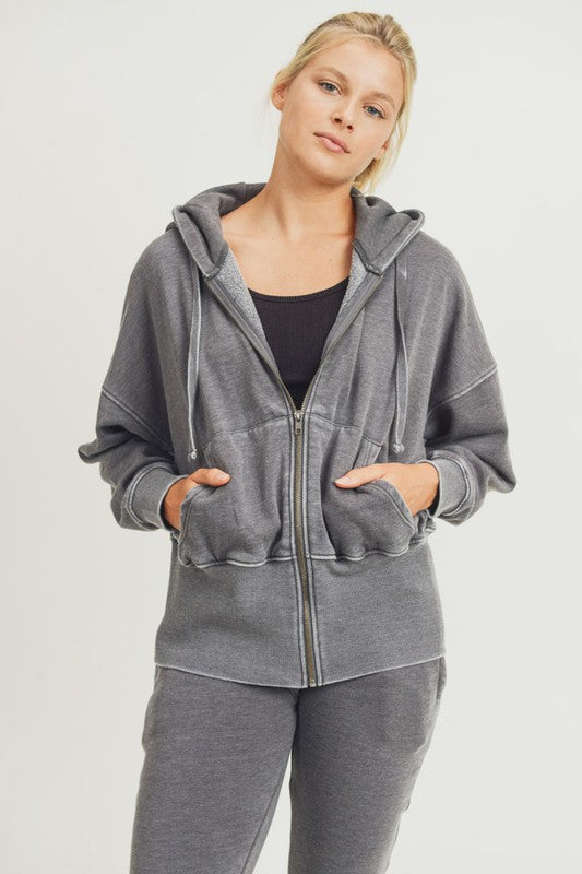 Drop Shoulder Dolman Sleeve Zip Up Hoody Sweatshirt