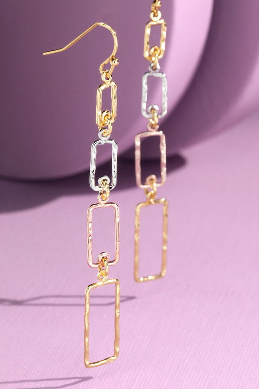 Layered Rectangle Hammered Metal Dangle Earrings