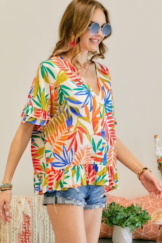 Cream & Multiple Colors Tropical Leaves V  Neck Summer Top