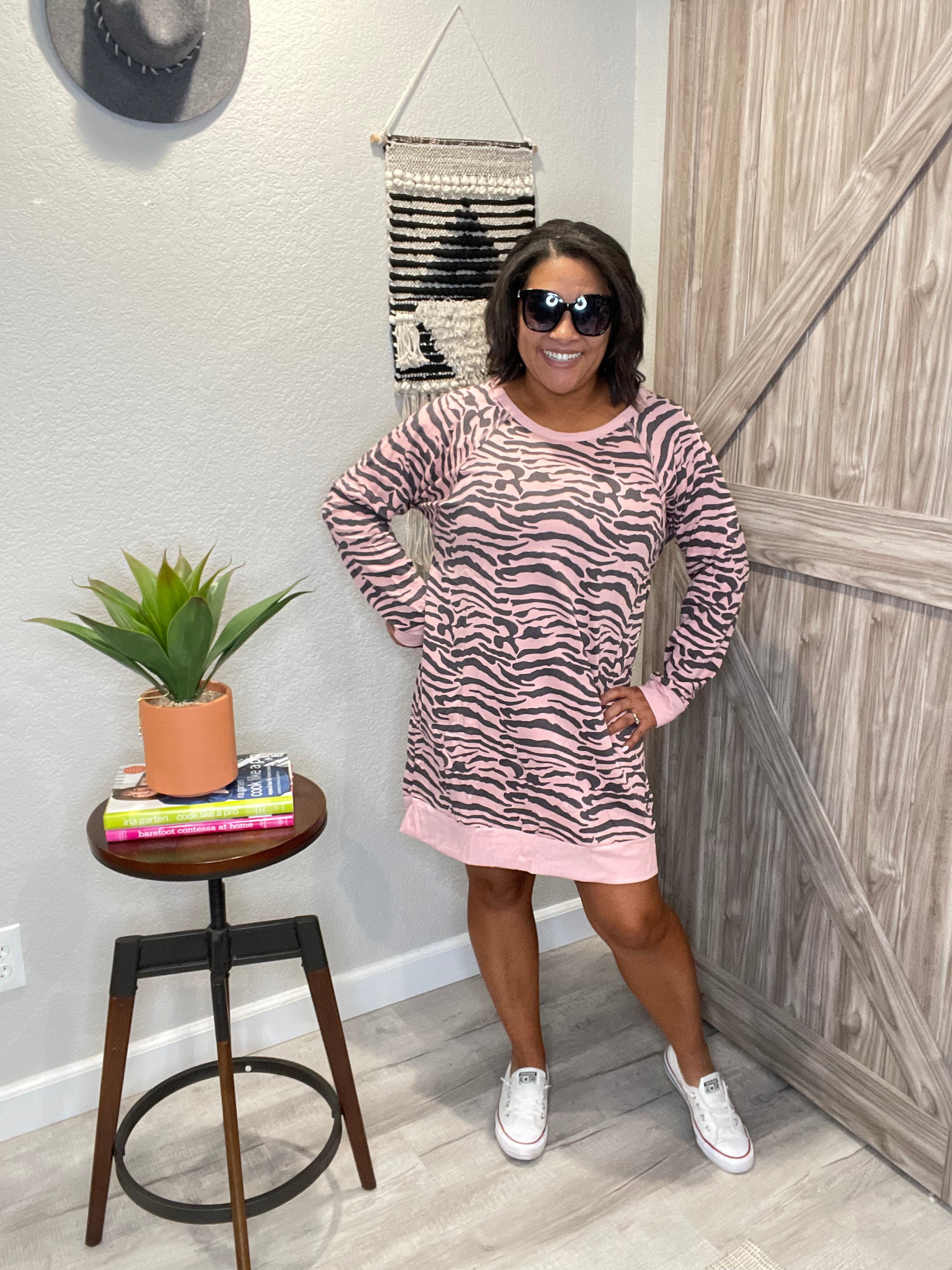 Pink & Grey Animal Print French Terry Sweatshirt Dress