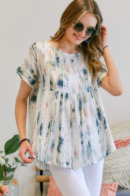 Size Small Crinkle Abstract Watercolor Babydoll Top
