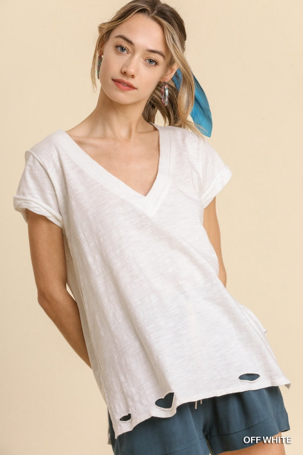 Gathered V Neck Short Sleeve Distressed Cotton Tee (Multiple colors available)