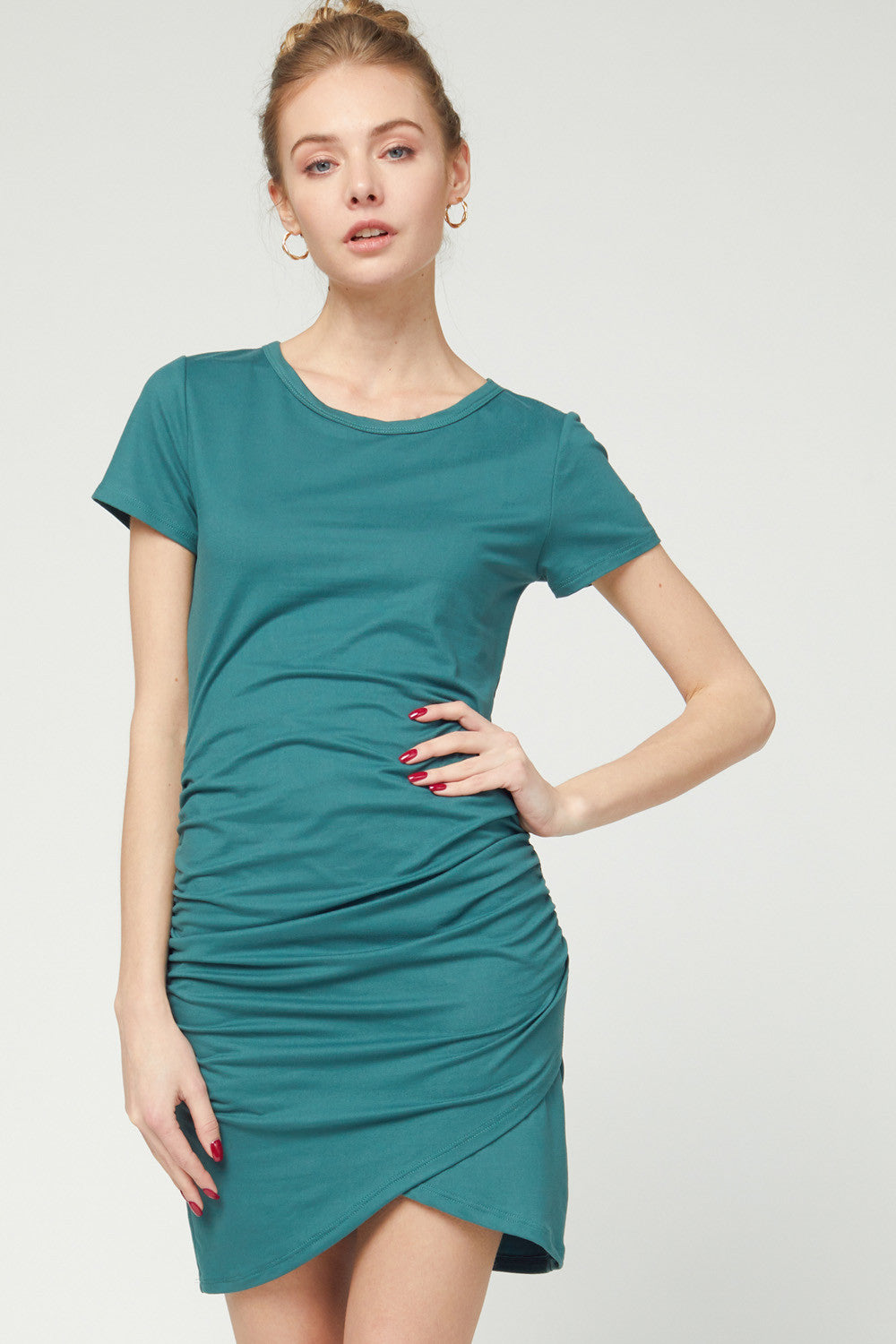 Green Short Sleeve Ruched Body-Con Dress