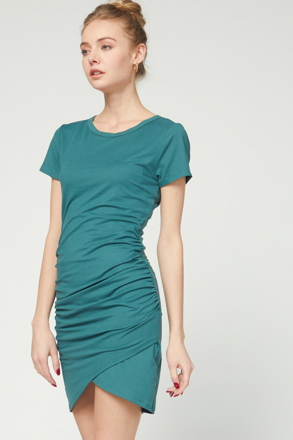 Green Short Sleeve Ruched Body-Con Dress