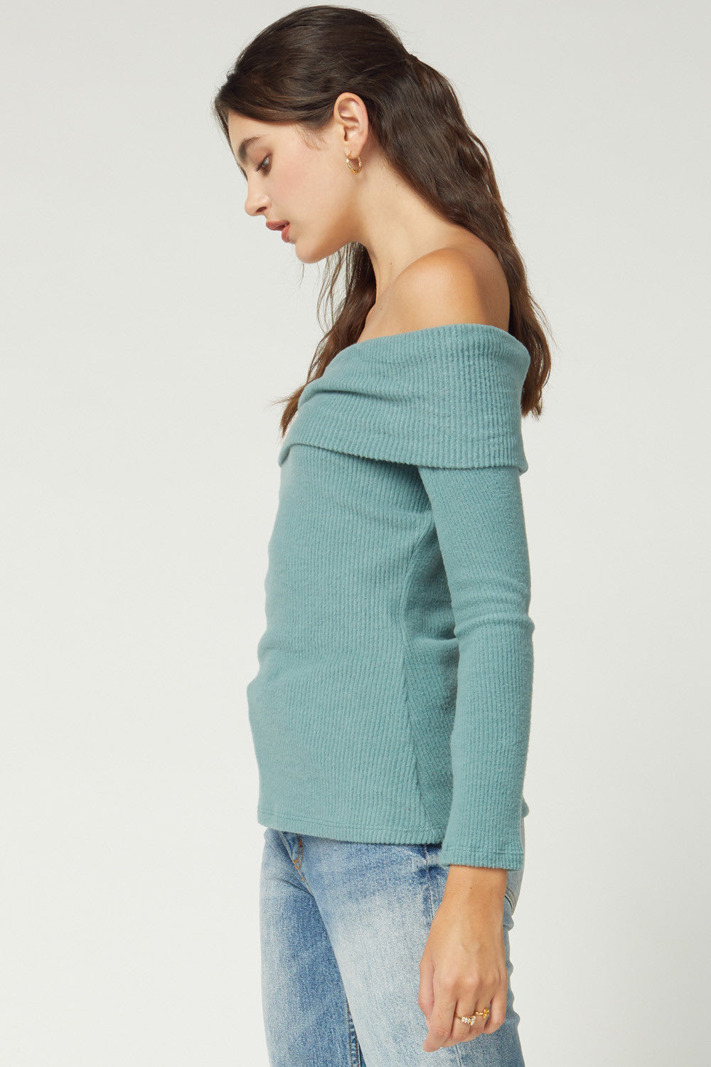Ribbed Knit Off the Shoulder Long Sleeve Top