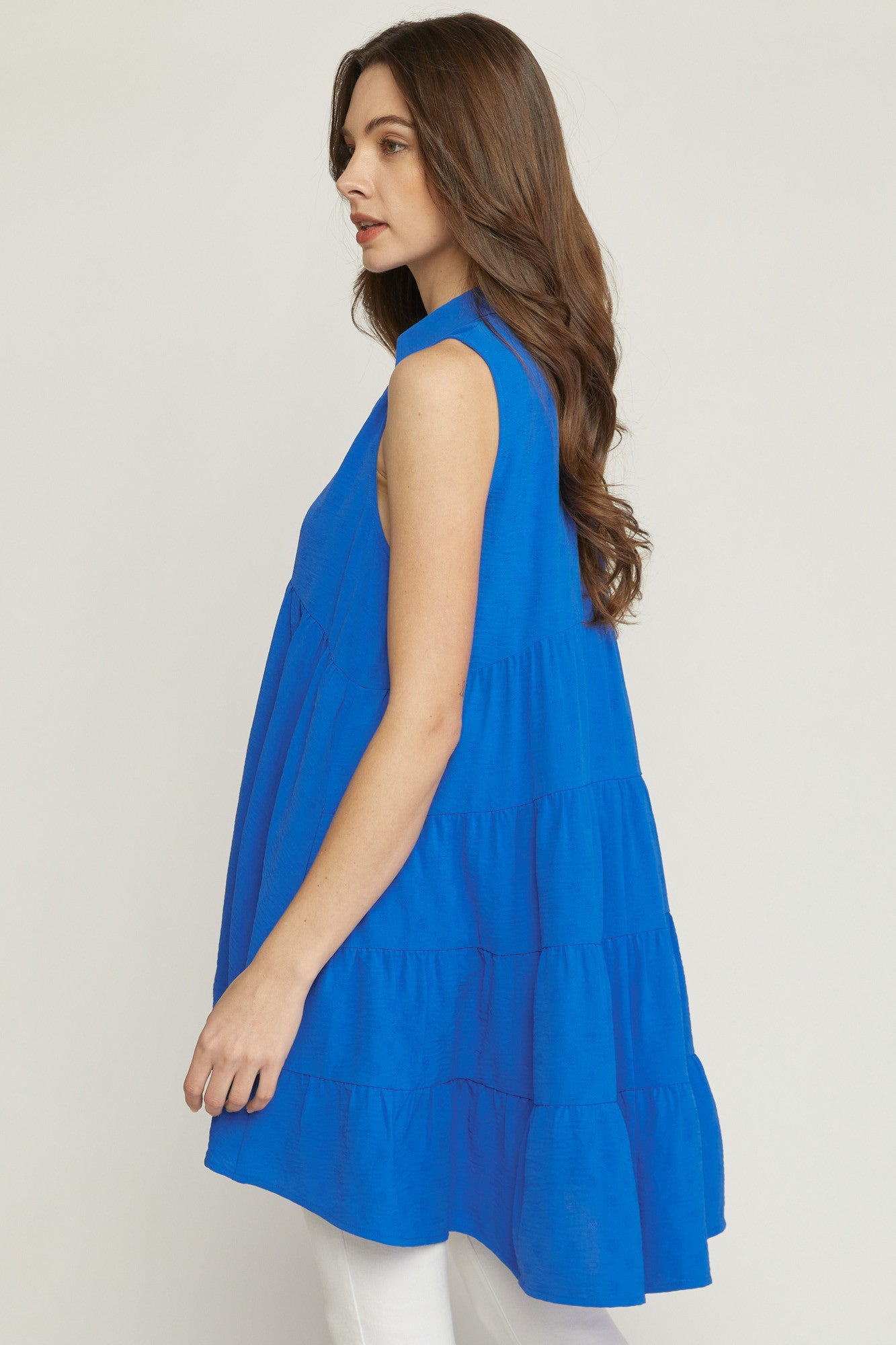 Colbalt Blue Collared Sleeveless Tiered Tunic Top