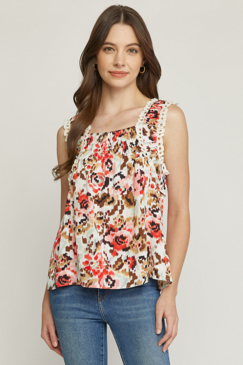 Abstract Print Summer Square Neck Sleeveless Top
