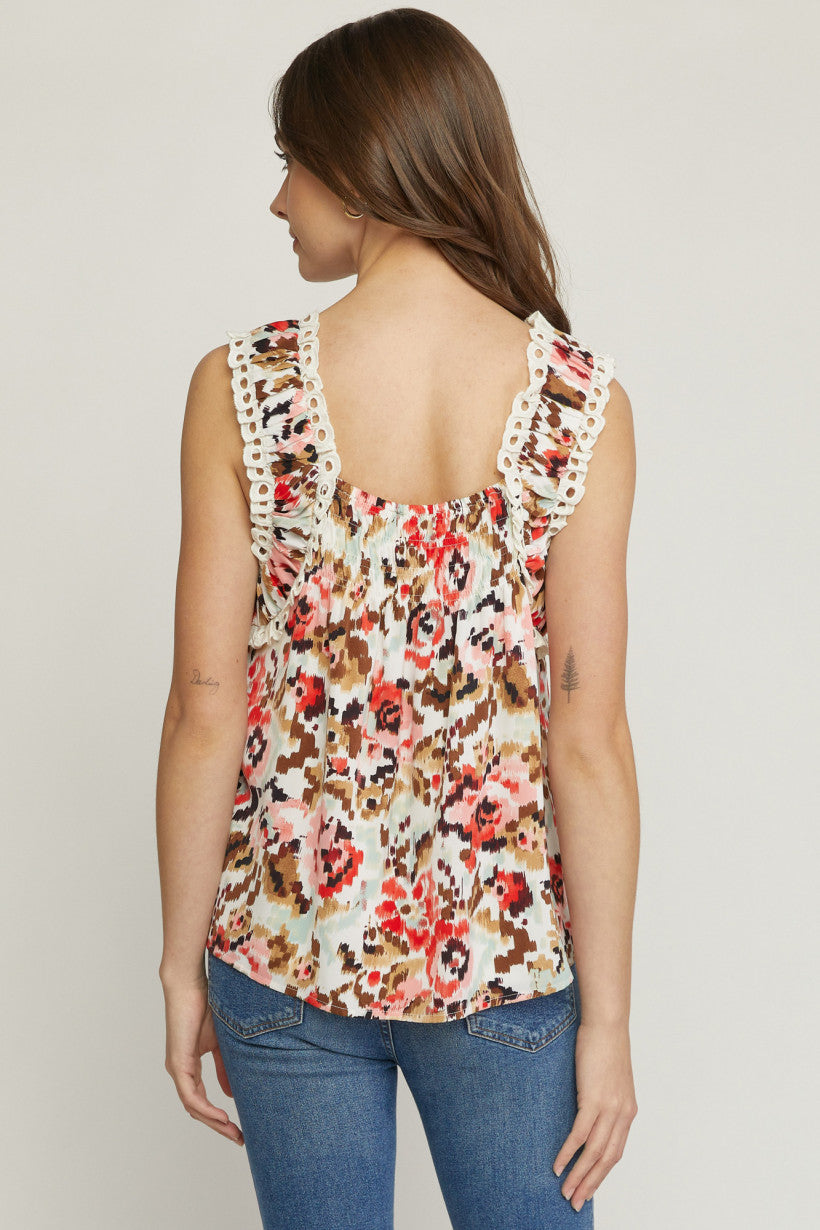 Abstract Print Summer Square Neck Sleeveless Top
