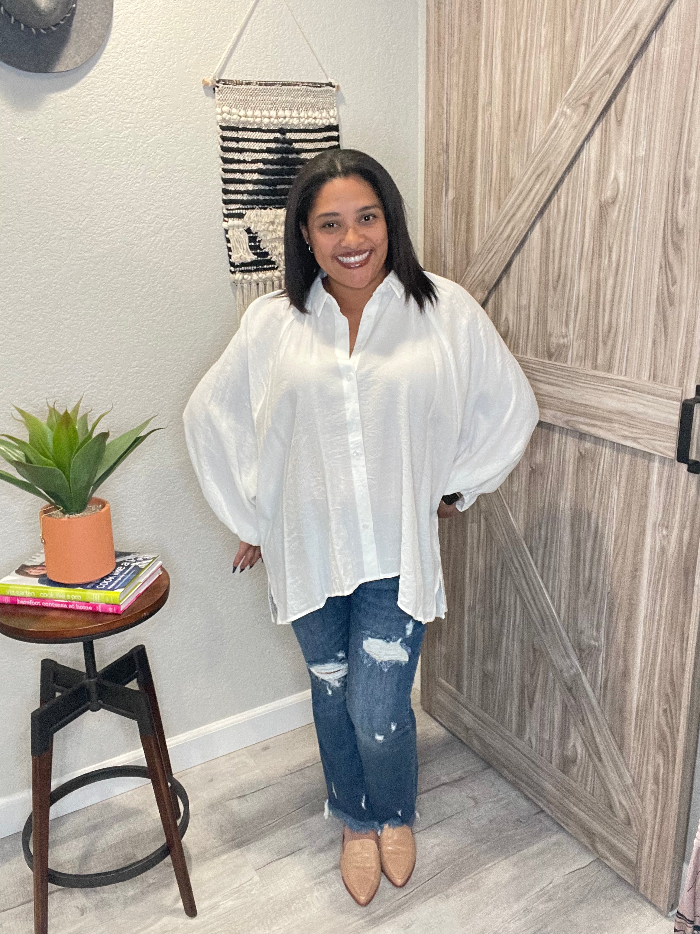 Ivory Oversized Dolman Sleeve Button Down Blouse