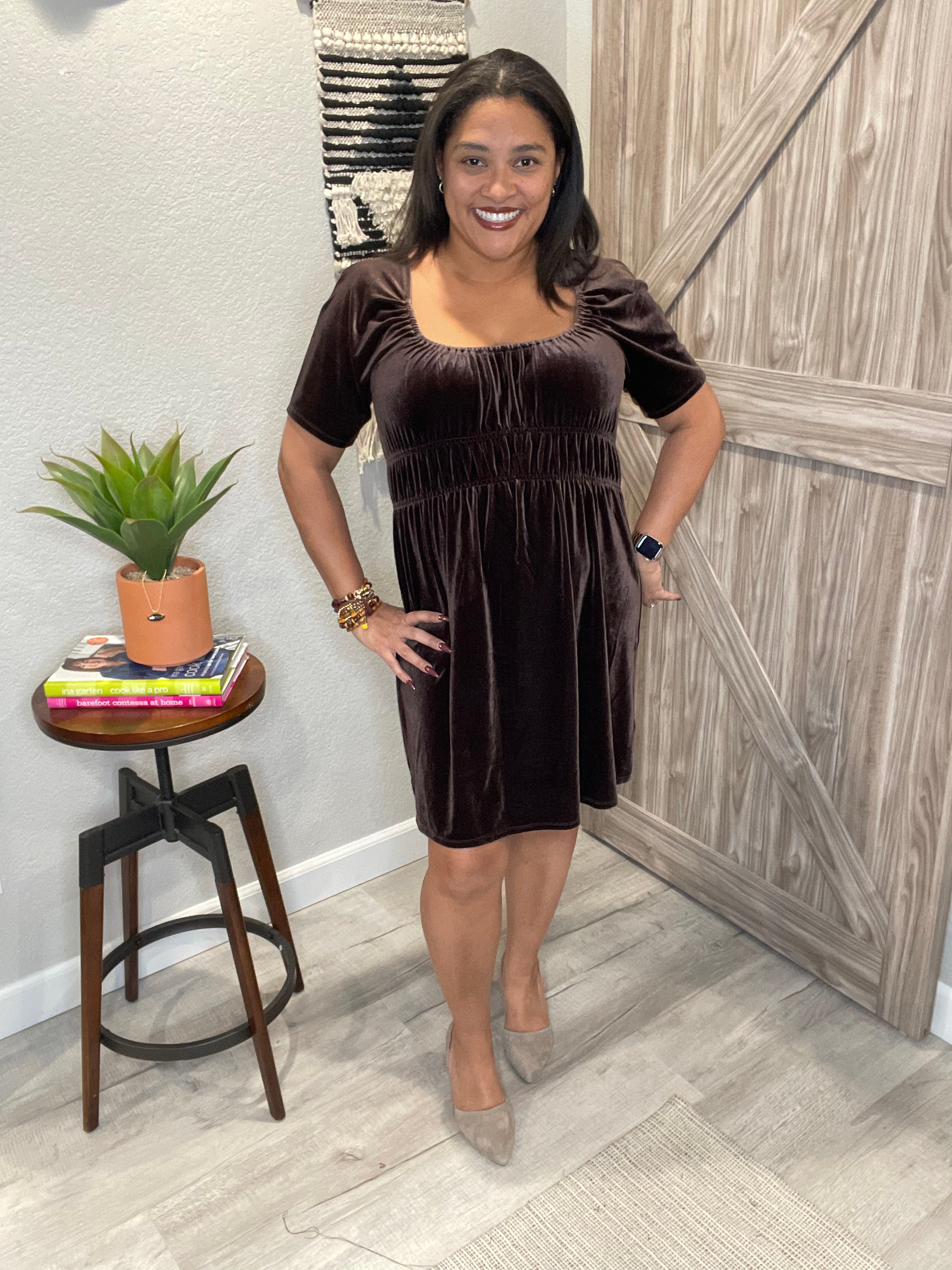 Saltwater Luxe Chocolate Brown Stretch Above the Knee Velour Dress