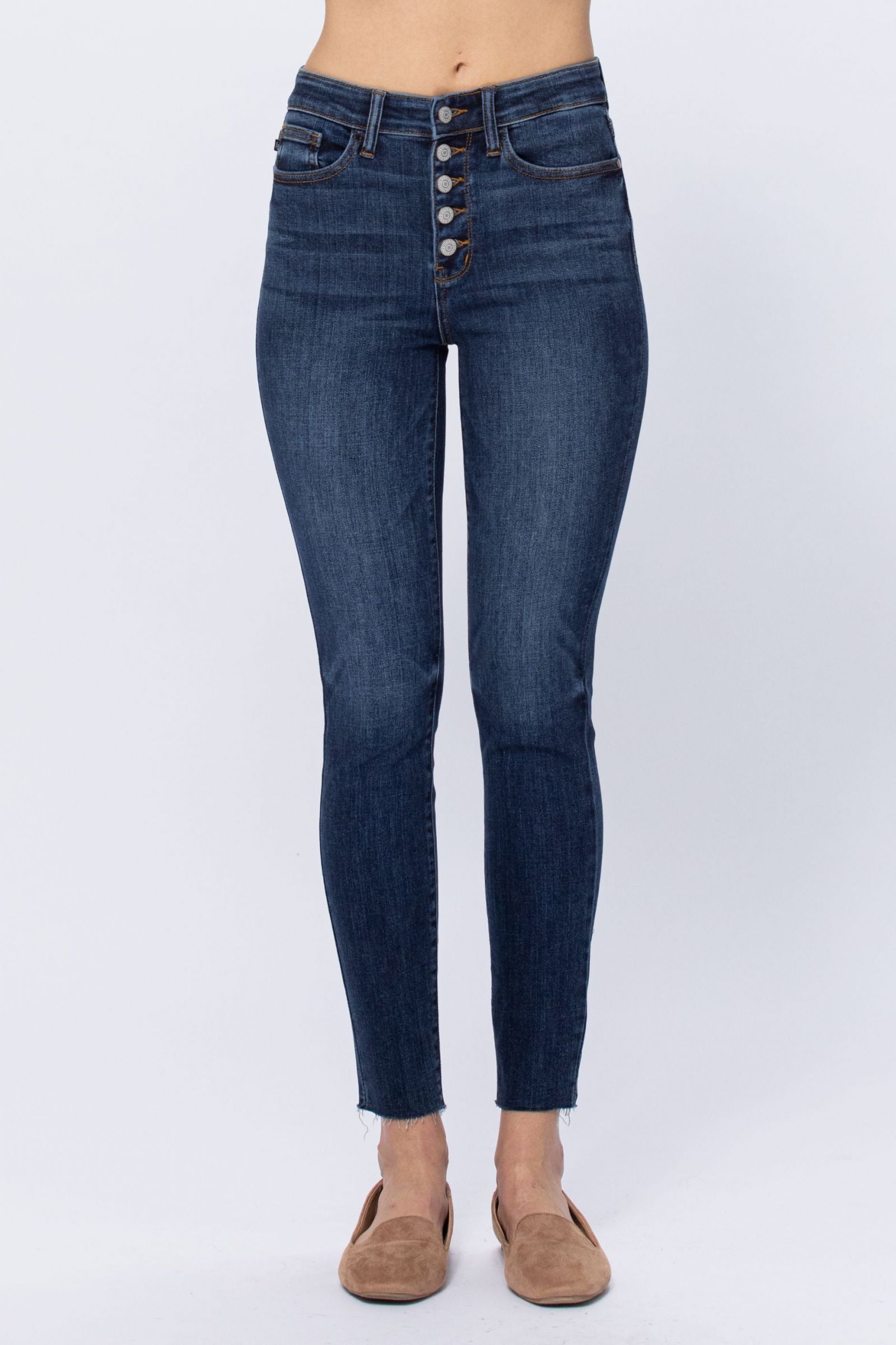Size 16W Judy Blue High Rise Button Fly Raw Hem Skinny Denim Jeans