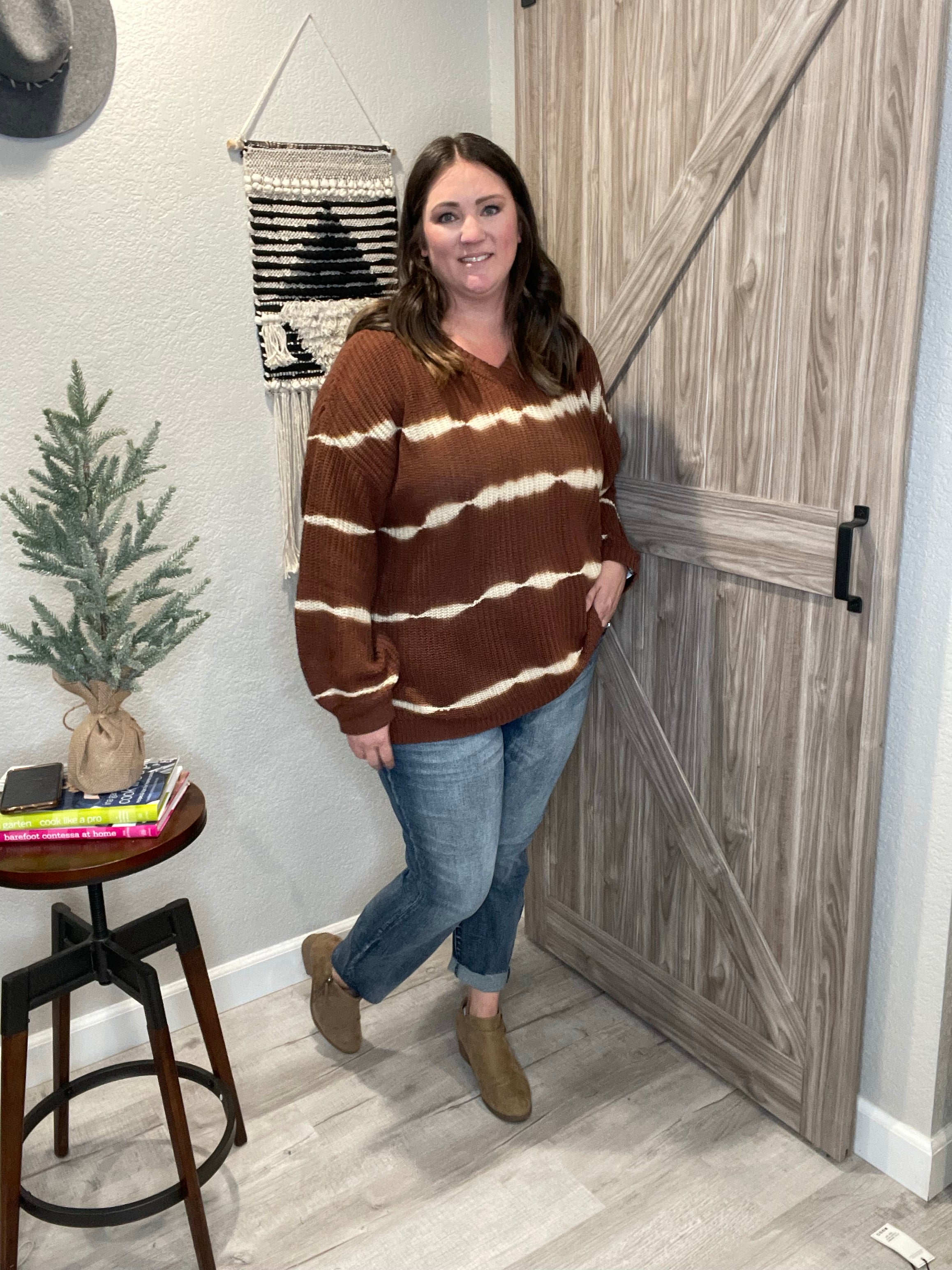 Size 2XL 3XL Cocoa Brown Tie Dye V Neck Pullover Sweater