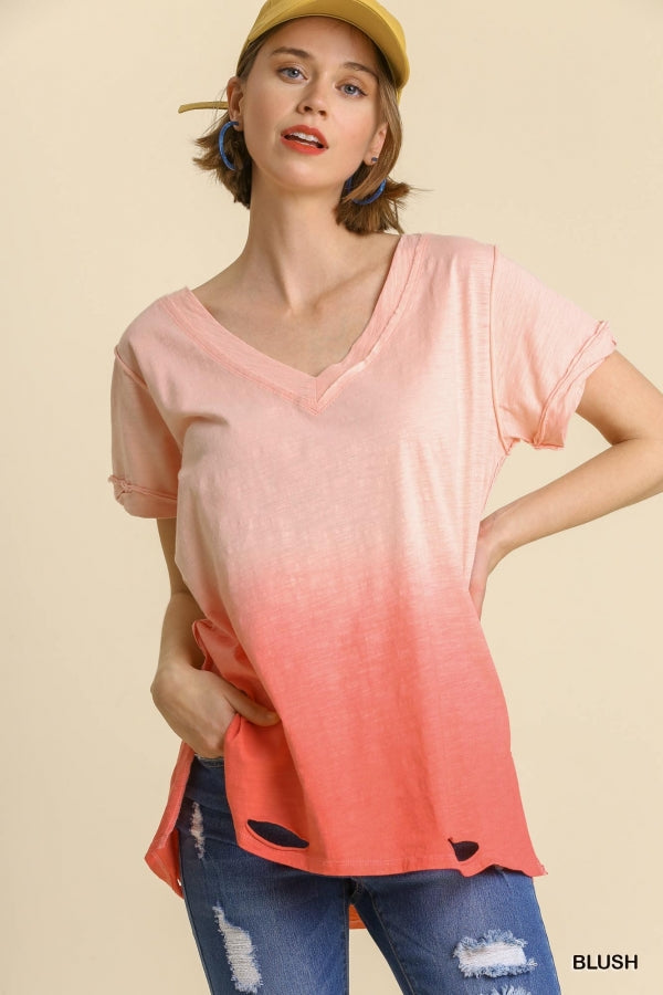 Size Large-1XL Blush Gathered Dip Dye Distressed V-Neck Short Sleeve Top with Side Slits