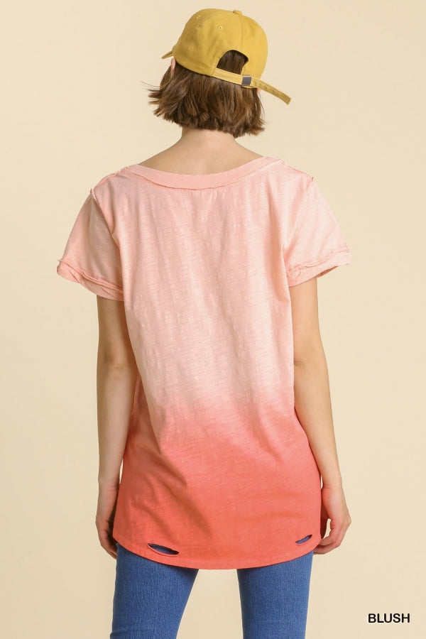 Size Large-1XL Blush Gathered Dip Dye Distressed V-Neck Short Sleeve Top with Side Slits