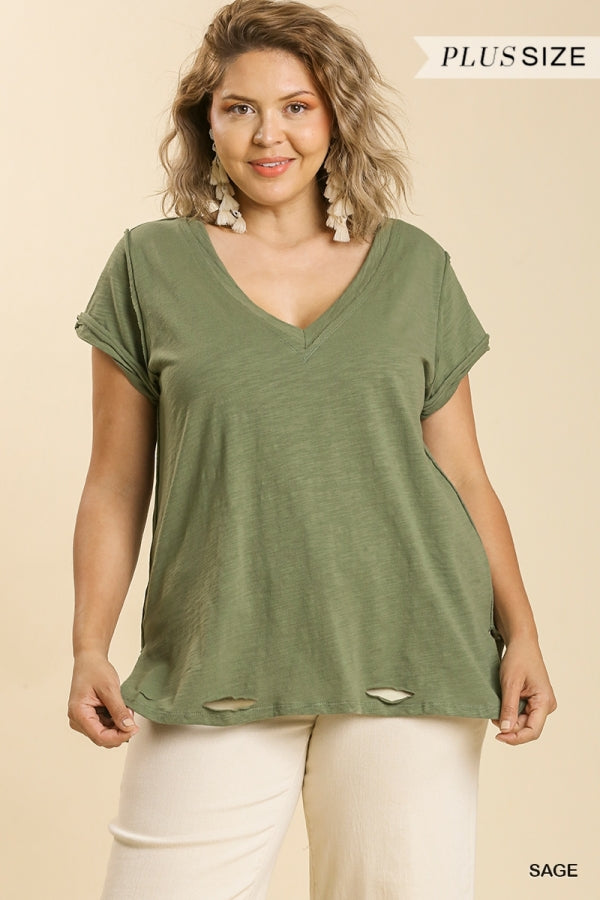 Gathered V Neck Short Sleeve Distressed Cotton Tee (Multiple colors available)