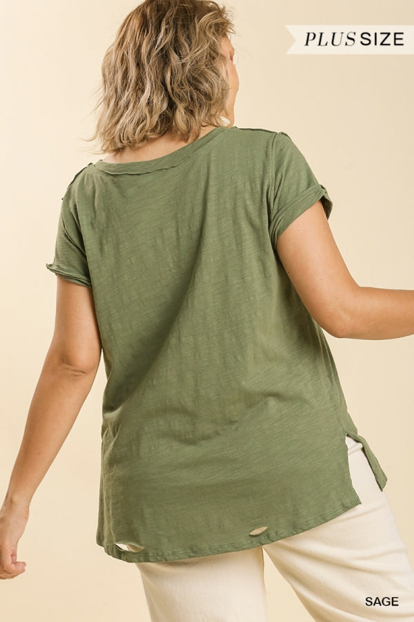 Gathered V Neck Short Sleeve Distressed Cotton Tee (Multiple colors available)