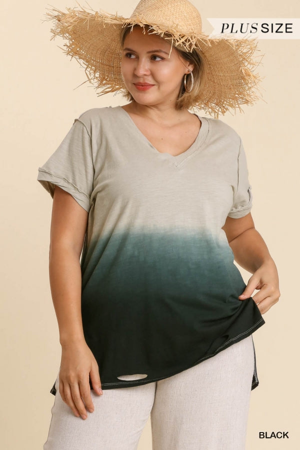Size Large & XL Grey Gathered Dip Dye Distressed V-Neck Short Sleeve Top with Side Slits